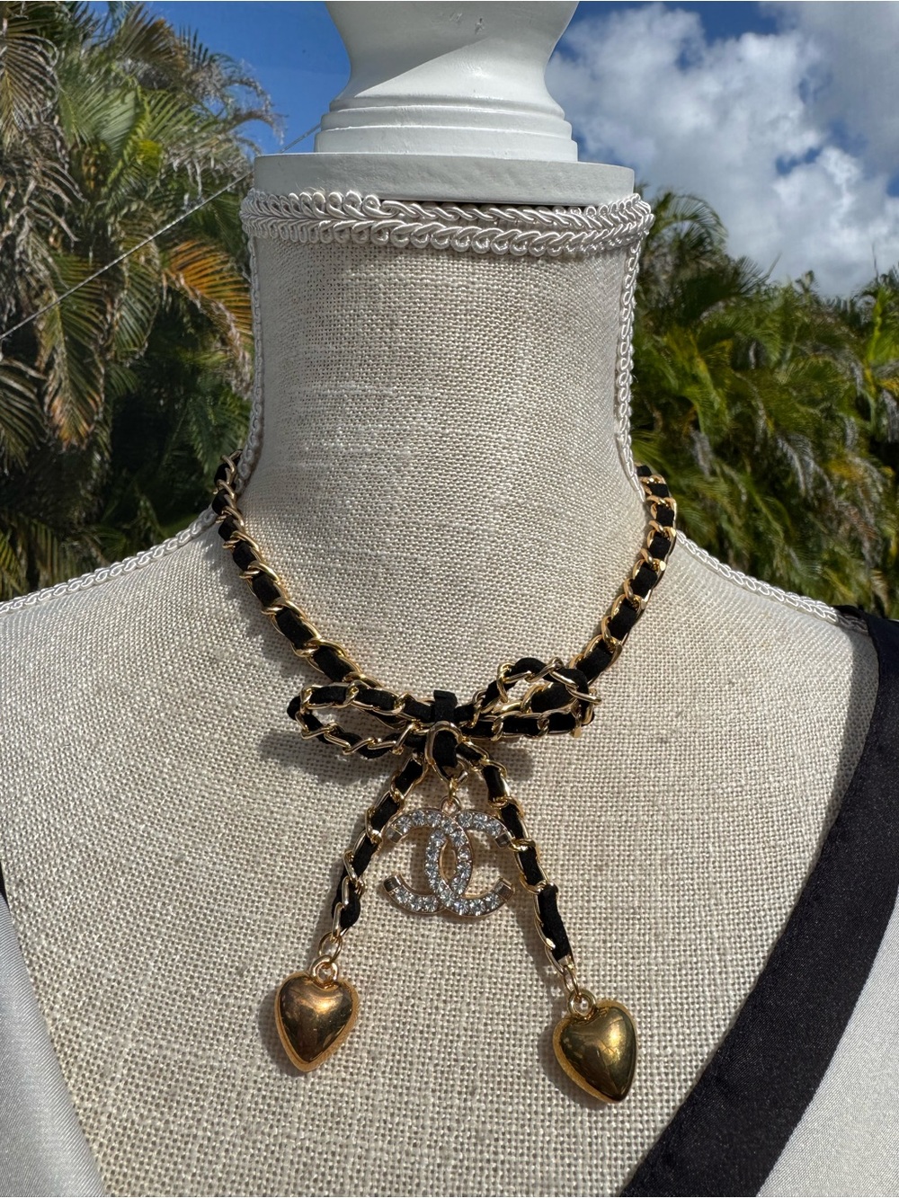 Gold & Black Ribbon Chain Necklace with Heart Drops